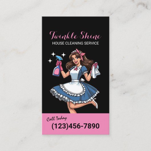Huis Schoonmaak Retro Zwart & Roze Maid Service Visitekaartje (Voorkant)