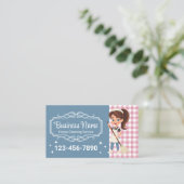 Huis Schoonmaak Service Cartoon Maid Blue & Pink Visitekaartje (Staand voorkant)