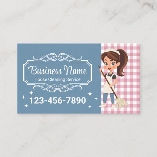 Huis Schoonmaak Service Cartoon Maid Blue & Pink Visitekaartje (Voorkant)