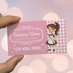 Huis Schoonmaak Service Cartoon Maid Pink Plaid Visitekaartje