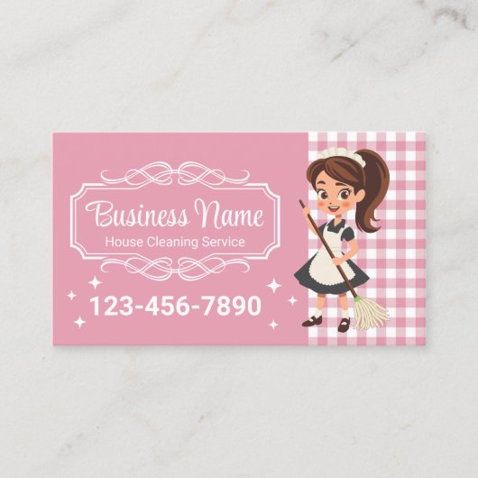 Huis Schoonmaak Service Cartoon Maid Pink Plaid Visitekaartje (Voorkant)