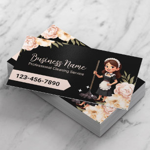 Huis Schoonmaak Service Floral Schattige Maid Zwar Visitekaartje