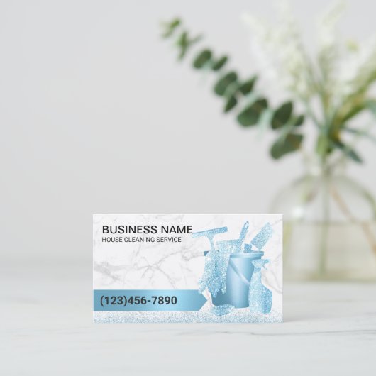 Huis schoonmaak Service Modern Blauw Glitter Marme Visitekaartje (Staand voorkant)