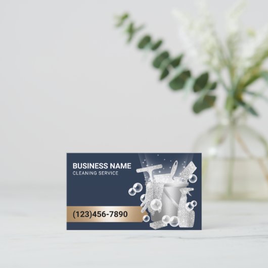 Huis Schoonmaak Service Moderne Marine Blauw & Zil Visitekaartje (Staand voorkant)