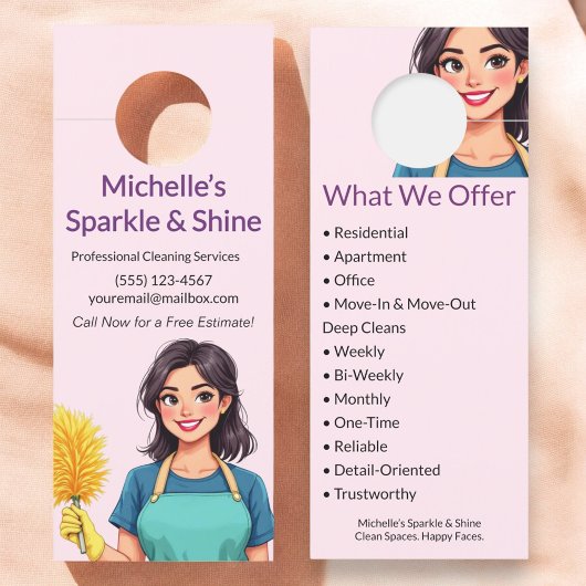 Huis schoonmaak service moderne vrouw roze deurhanger
