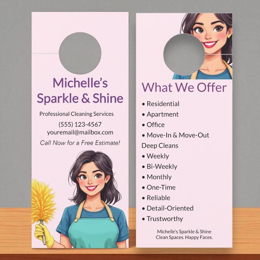 Huis schoonmaak service moderne vrouw roze deurhanger