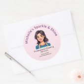 Huis schoonmaak service moderne vrouw roze ronde sticker (Envelop)
