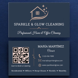 Huis Schoonmaak Service QR Code Roos Gold Navy Blu Visitekaartje