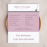 Huis schoonmaakdienst flyer<br><div class="desc">Een flyer in roze en grijze tinten met een illustratie van een bezem en zijn sterren. Het is volledig aanpasbaar en kan geschikt zijn voor activiteiten zoals schoonmaken van het huis,  schoonmaak,  schoonmaakster,  enz.</div>
