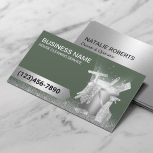 Huis schoonmaakdienst Sage Green Silver Glitter Visitekaartje