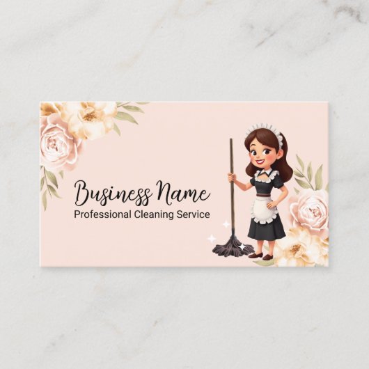 Huis schoonmaakservice Bloemen Schattige Maid Visitekaartje (Voorkant)