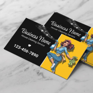 Huis schoonmaakservice Zwart & Goud Retro Maid Visitekaartje