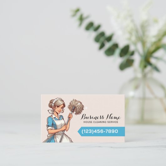 Huis schoonmaken Cartoon  Vrouw Maid Service Visitekaartje (Staand voorkant)