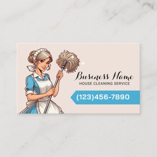 Huis schoonmaken Cartoon  Vrouw Maid Service Visitekaartje (Voorkant)