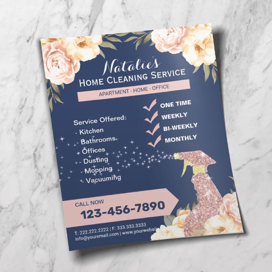 Huis schoonmaken Maid Service Floral Navy Blue Flyer