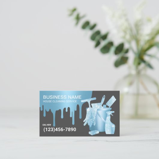 Huis schoonmaken Moderne Blauwe Drips Maid Service Visitekaartje (Staand voorkant)