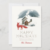 Huis Schoorsteen Rode Vos Winterlandschap Kerstmis Feestdagenkaart (Voorkant)
