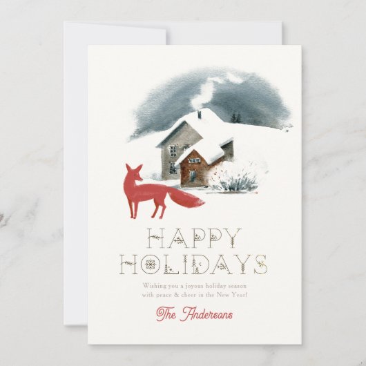 Huis Schoorsteen Rode Vos Winterlandschap Kerstmis Feestdagenkaart (Voorkant)