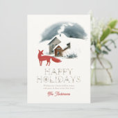 Huis Schoorsteen Rode Vos Winterlandschap Kerstmis Feestdagenkaart (Staand voorkant)