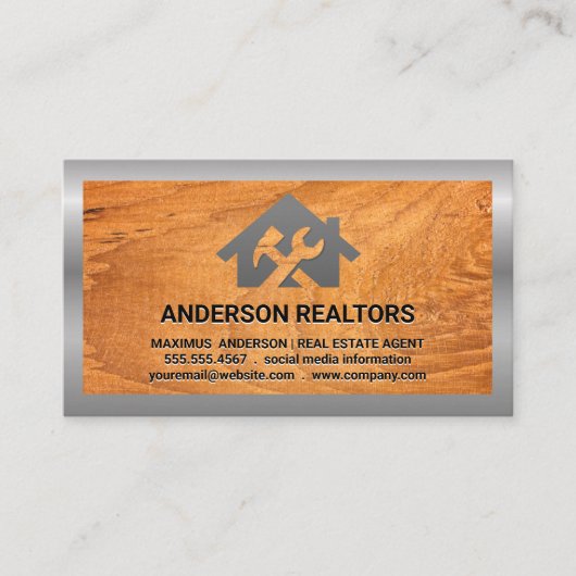 Huis Sleutel Hamer Logo | Hout Metaal Visitekaartje (Voorkant)