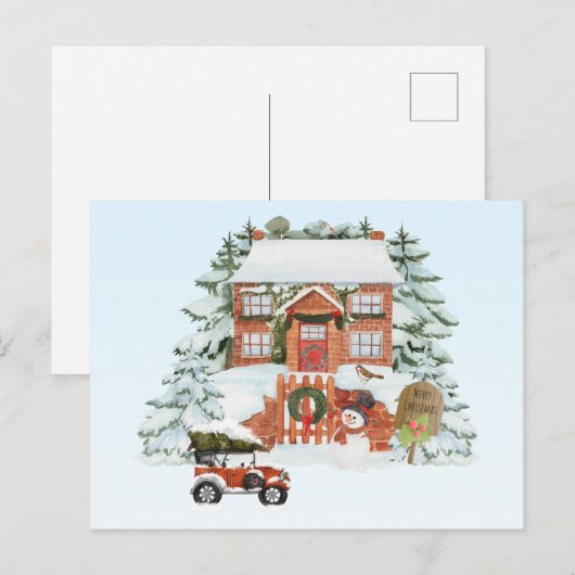 huis Sneeuwscène met vrolijk kerstfeest Briefkaart (Voorkant / Achterkant)