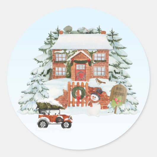  huis Sneeuwscène met vrolijk kerstfeest Ronde Sticker (Voorkant)
