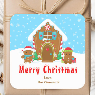 Huis van Peperkoek Blauw en Rood Prettig Kerstfees Vierkante Sticker