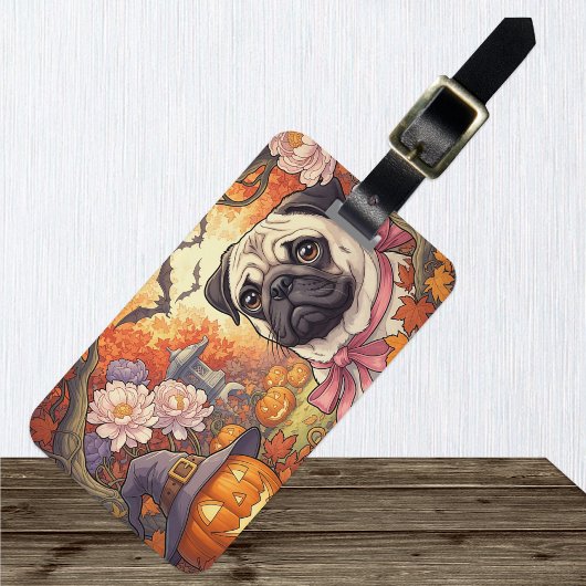 Huis van Pug Dog & Halloween, herfst Bagagelabel