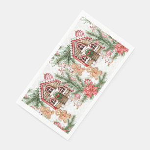 Huis van suikerstok, man van peperkoek, poinsettia servet