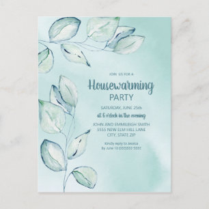 Huis Verwarmingsfeest Blauw Groen Aquarel Bladeren Briefkaart