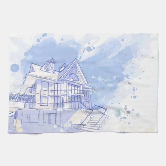 huis: waterverf tekenen theedoek (Horizontaal)