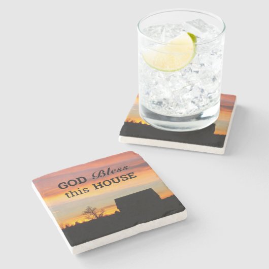 Huis Zegen Zonsondergang Silhouet Stenen Onderzetter (Zijkant)