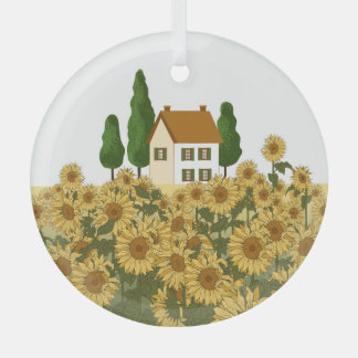 Huis Zonnebloemen veld illustratie Glas Ornament
