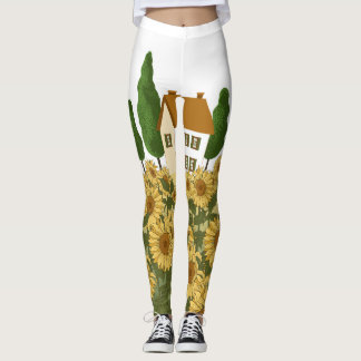 Huis Zonnebloemen veld illustratie Leggings