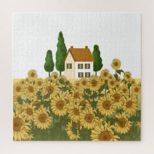 Huis Zonnebloemen veld illustratie Legpuzzel