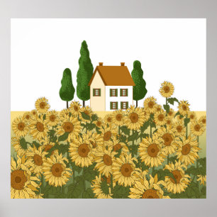 Huis Zonnebloemen veld  illustratie Poster