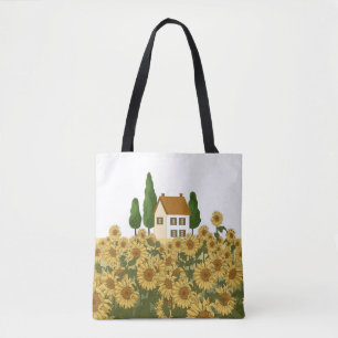 Huis Zonnebloemen veld illustratie Tote Bag