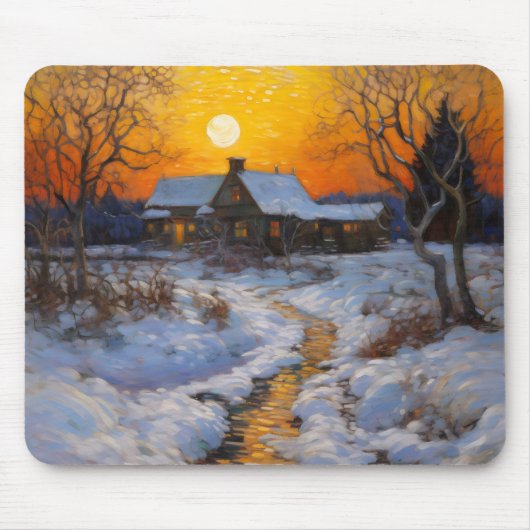 Huis Zonsondergang Winterlandschap Muismat (Voorkant)