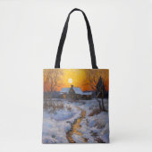 Huis Zonsondergang Winterlandschap Tote Bag (Voorkant)
