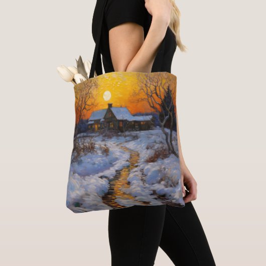 Huis Zonsondergang Winterlandschap Tote Bag (Dichtbij)