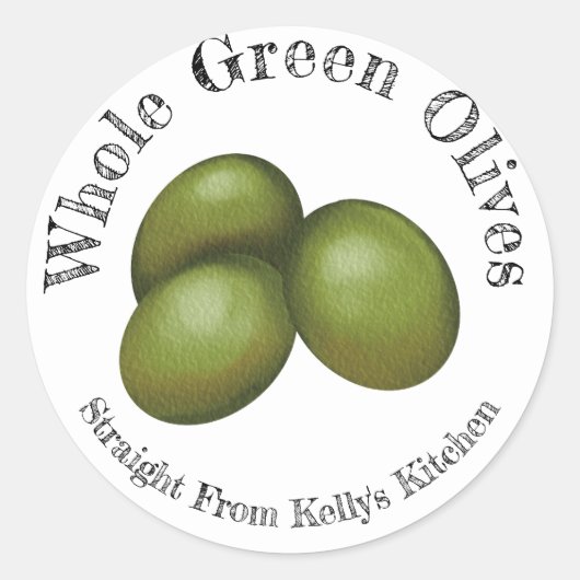 Huisconserveringsbedrijf hele groene olijf voedsel ronde sticker (Voorkant)