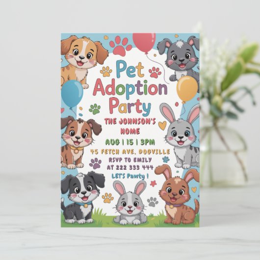 Huisdier Adoptie Party Uitnodiging - Leuk Dierenth (Staand voorkant)