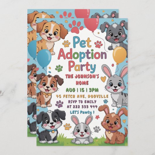 Huisdier Adoptie Party Uitnodiging - Leuk Dierenth (Voorkant / Achterkant)
