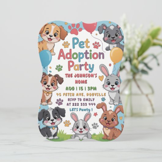 Huisdier Adoptie Party Uitnodiging - Leuk Dierenth (Staand voorkant)
