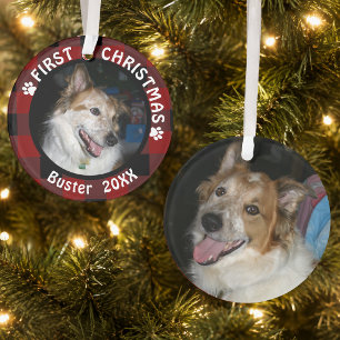 Huisdier EERSTE KERST 2-Foto rood & zwart geruit Ornament