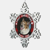 Huisdier EERSTE KERST Foto Rood Zwart Buffel Check Tin Sneeuwvlok Ornament (Rechts)