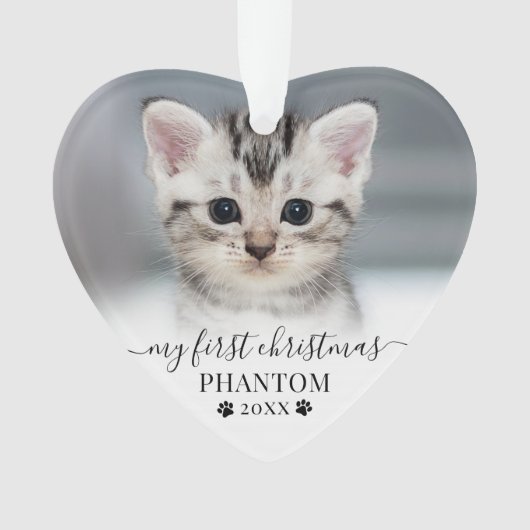 Huisdier Eerste Kerstscript Kat Foto Hart Ornament (voorkant)