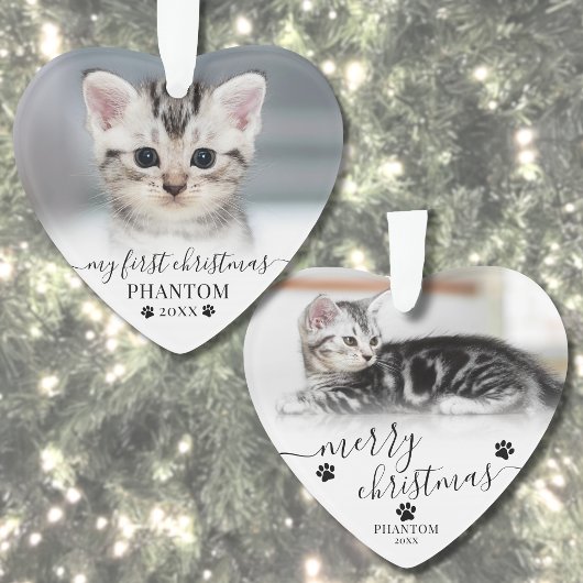 Huisdier Eerste Kerstscript Kat Foto Hart Ornament