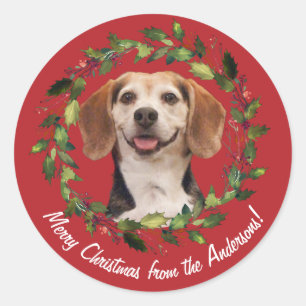 Huisdier Foto Familienaam Prettig Kerstmis Rood Ronde Sticker