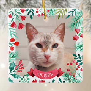 Huisdier Foto Kat of Hond Waterverf Winter Botanic Keramisch Ornament